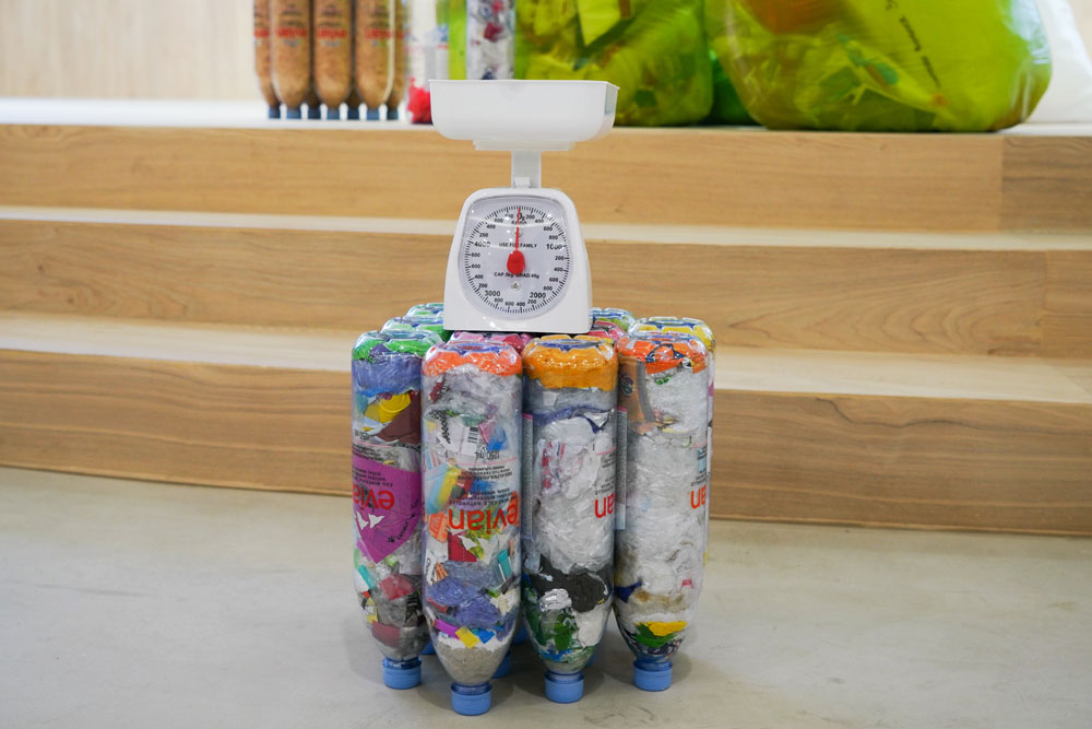 Ecobricks are bottles that are filled with plastic trash and can be used to make tables and chairs (Photo by Chan May Ching) 